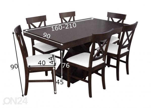 Pikendatav söögilaud 90x160-210 cm + 6 tooli mõõdud