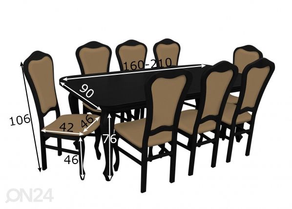 Pikendatav söögilaud 90x160-210 cm + 8 tooli mõõdud