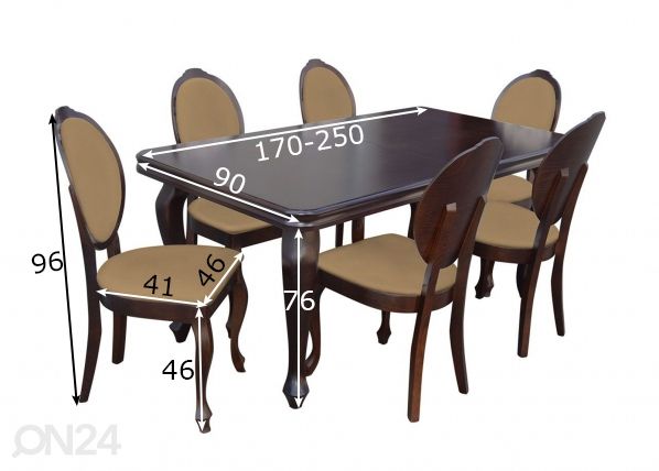 Pikendatav söögilaud 90x170-250 cm + 6 tooli mõõdud