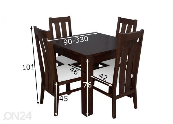 Pikendatav söögilaud 90x90-330 cm + 4 tooli mõõdud
