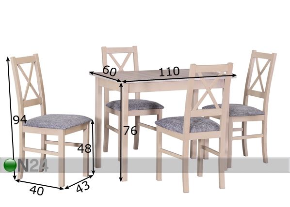 Söögilaud + 4 tooli mõõdud