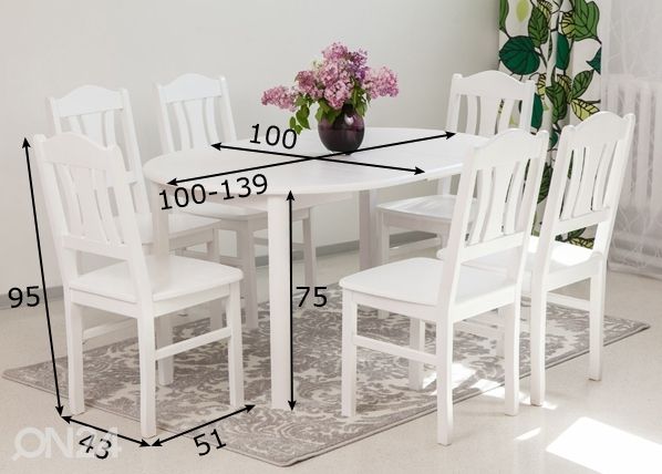 Söögitoakomplekt 100x100-139 cm + toolid Per 6tk, valge mõõdud