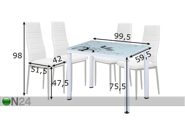 Söögitoakomplekt laud+4 tooli mõõdud