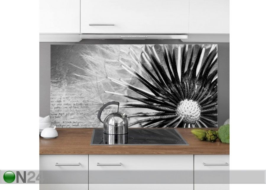 Fotoklaas, köögi tagasein Dandelion Black & White 1, 40x100 cm suurendatud