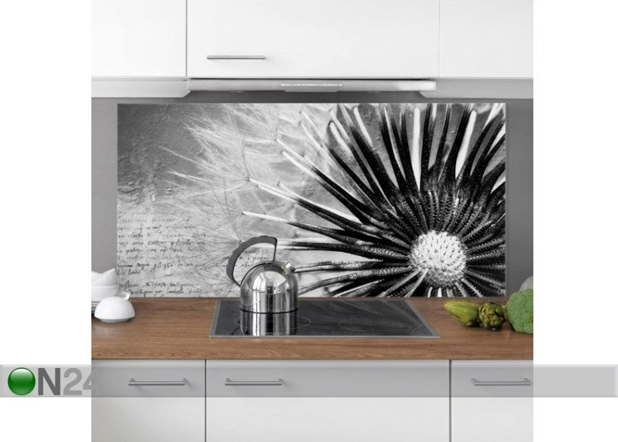 Fotoklaas, köögi tagasein Dandelion Black & White 1, 59x90 cm suurendatud