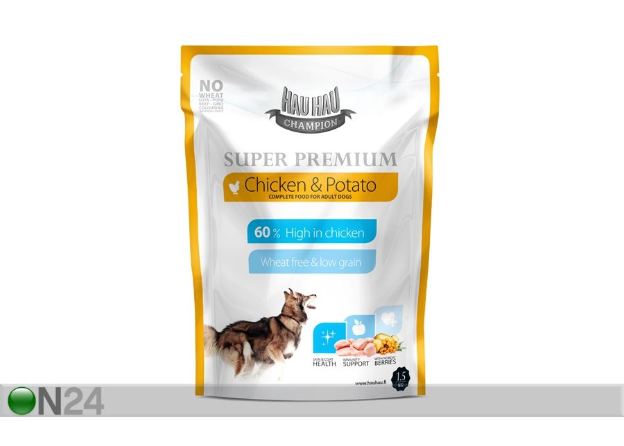 Hau-Hau Champion Super Premium täistoit kanaliha ja kartuliga täiskasvanud koertele 1,5kg suurendatud