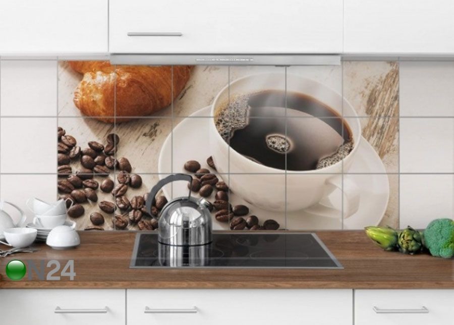 Kleebised seinaplaatidele Steaming coffee cup with coffee beans 60x120 cm suurendatud
