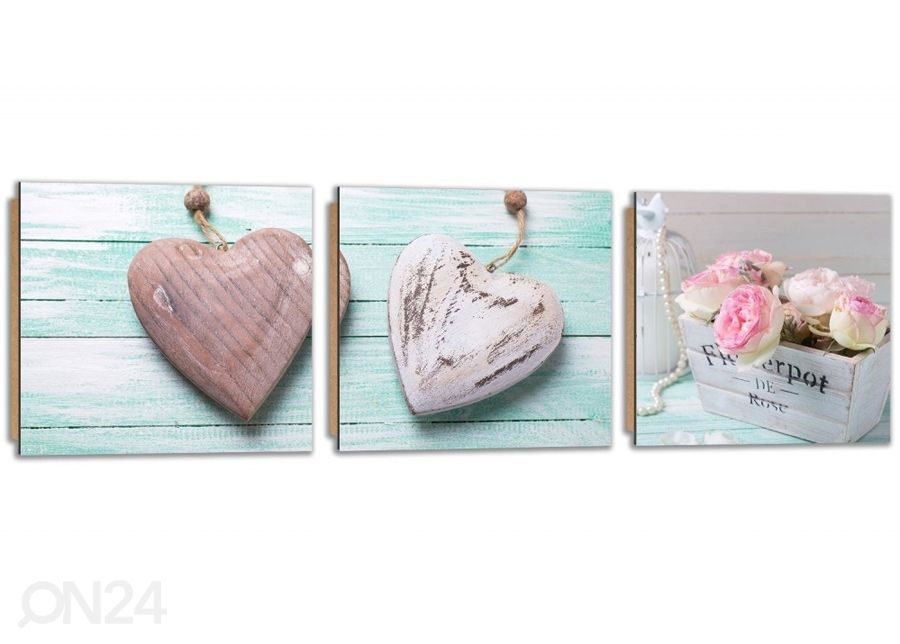 Kolmeosaline seinapilt Wooden hearts suurendatud