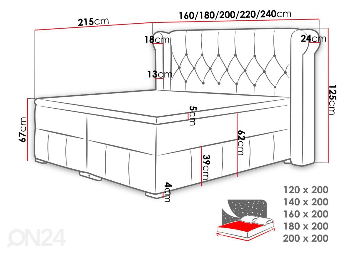 Kontinentaalvoodi 200x200 cm suurendatud mõõdud