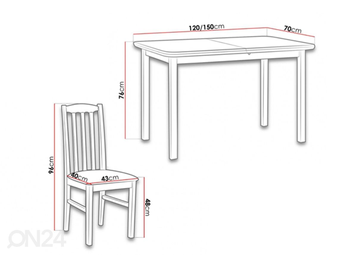 Pikendatav söögilaud 120-150x70 cm + 4 tooli suurendatud mõõdud