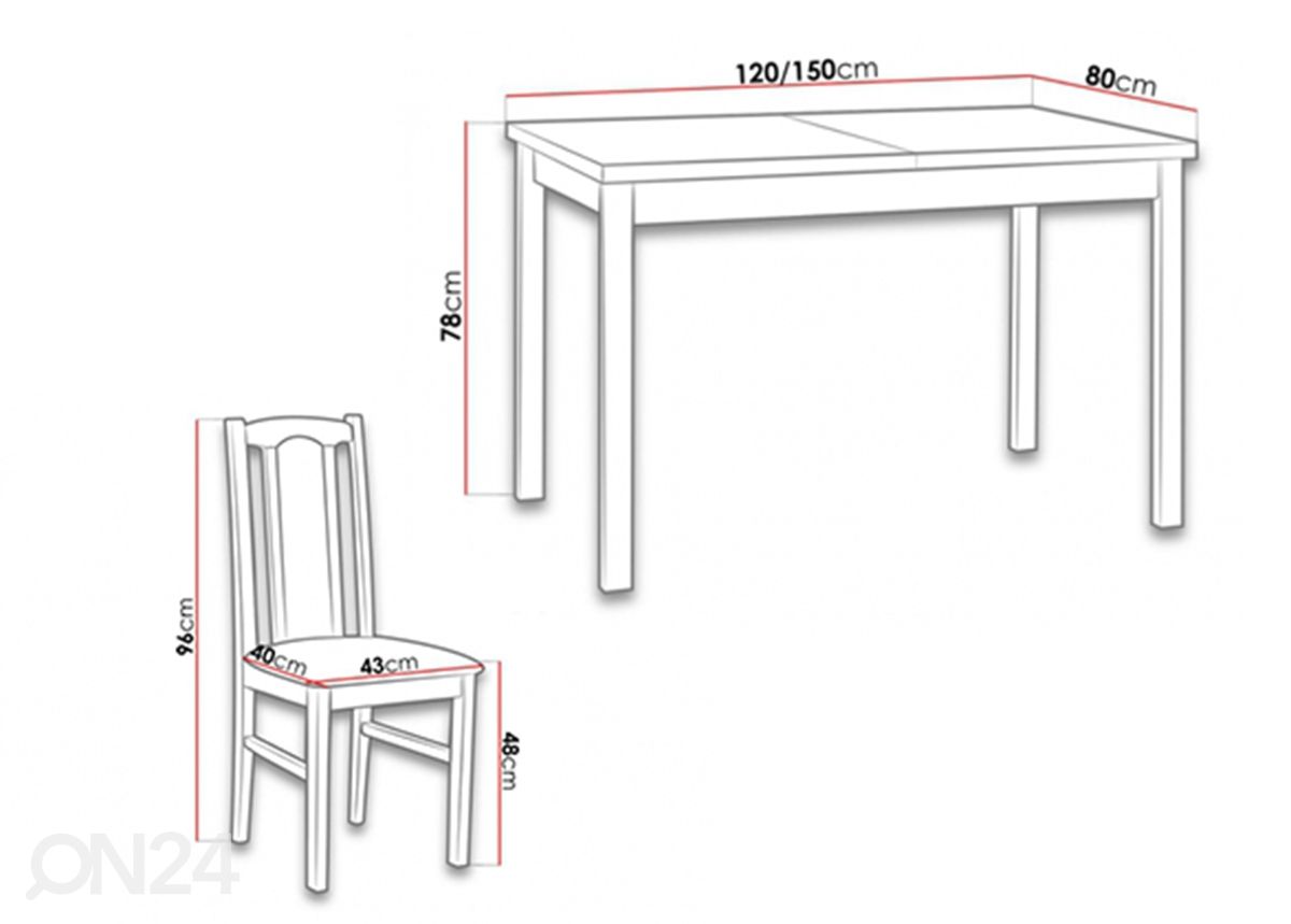 Pikendatav söögilaud 120-150x80 cm+ 4 tooli suurendatud mõõdud