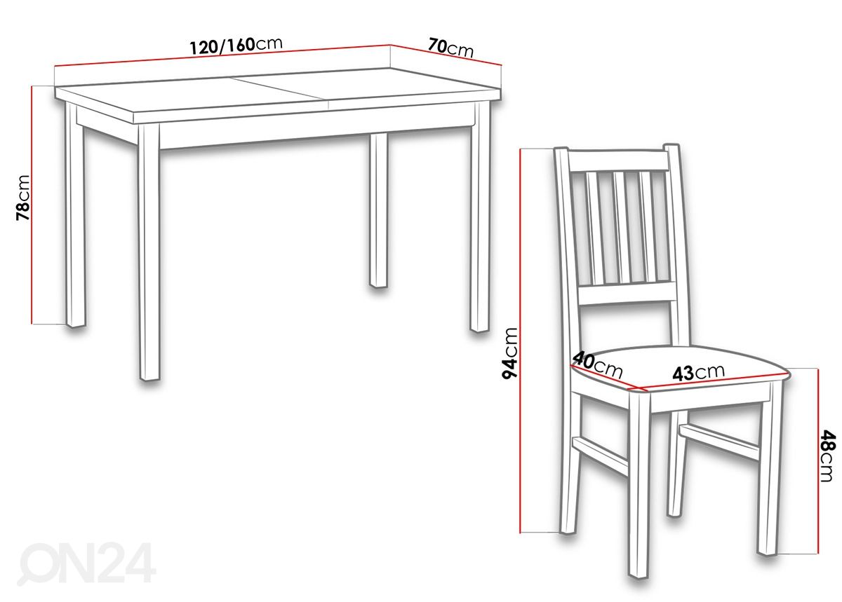 Pikendatav söögilaud 70x120-160 cm+ 4 tooli suurendatud mõõdud