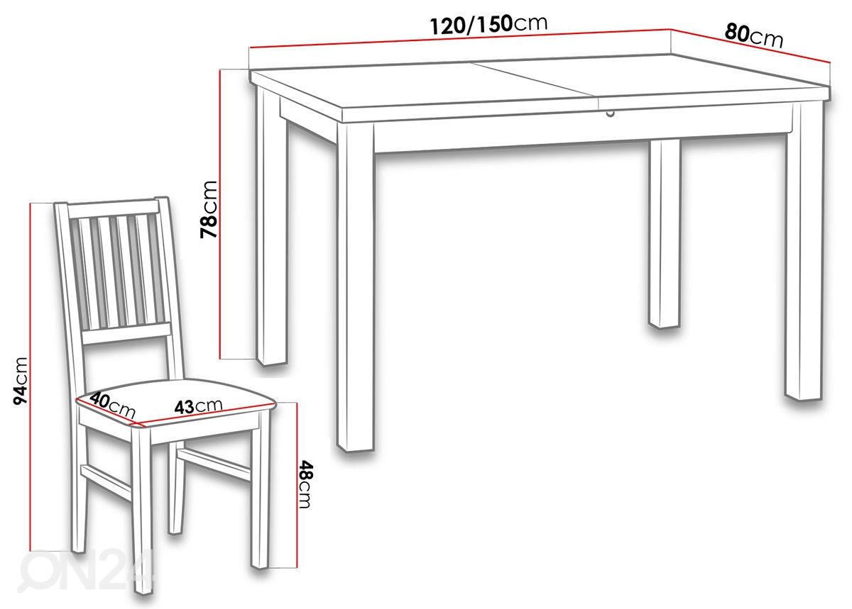 Pikendatav söögilaud 80x120-150 cm + 6 tooli suurendatud mõõdud