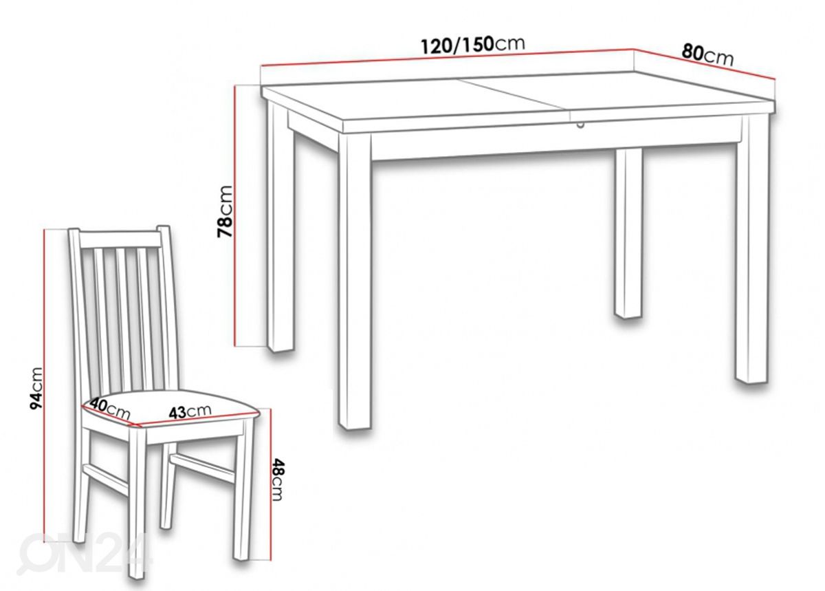 Pikendatav söögilaud 80x120-150 cm + 6 tooli suurendatud mõõdud