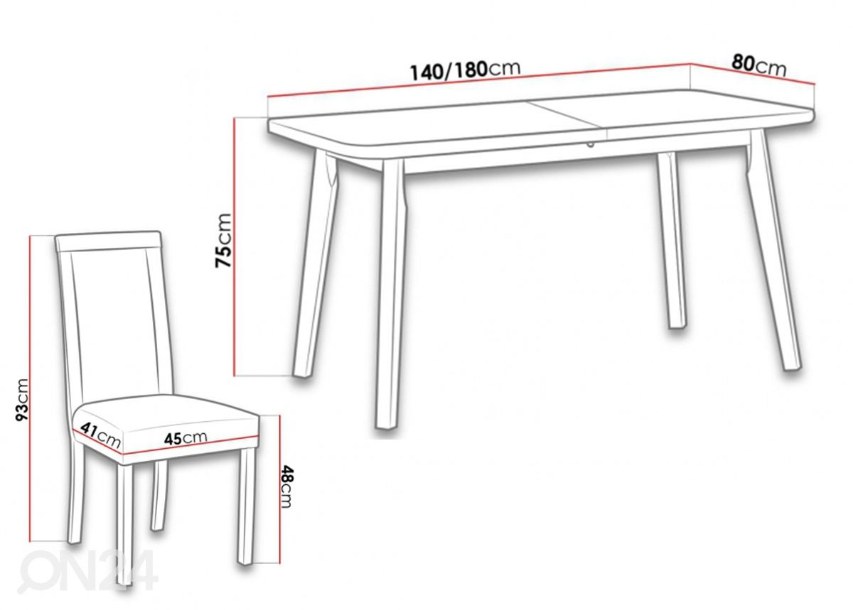 Pikendatav söögilaud 80x140-180 cm + 6 tooli suurendatud mõõdud