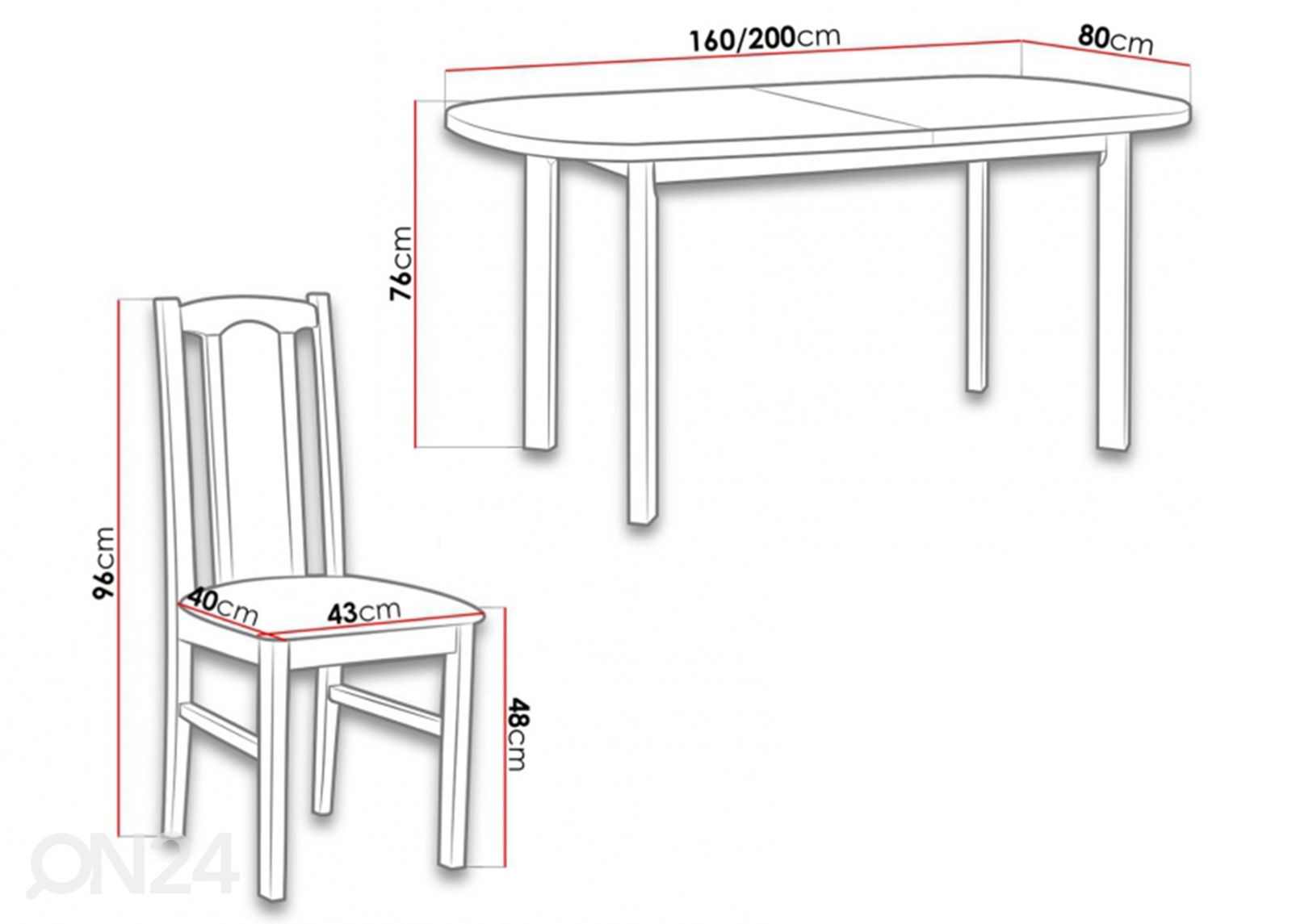 Pikendatav söögilaud 80x160-200 cm+ 6 tooli suurendatud mõõdud