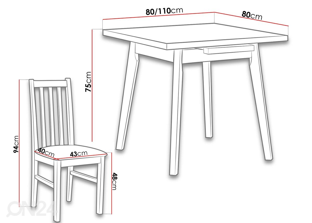 Pikendatav söögilaud 80x80-110 cm + 4 tooli suurendatud mõõdud