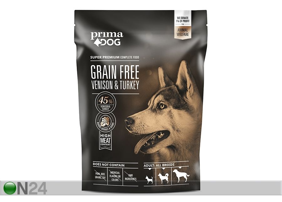 PrimaDog täistoit GrainFree täiskasvanud koertele hirveliha-kalkuni 1,5 kg suurendatud