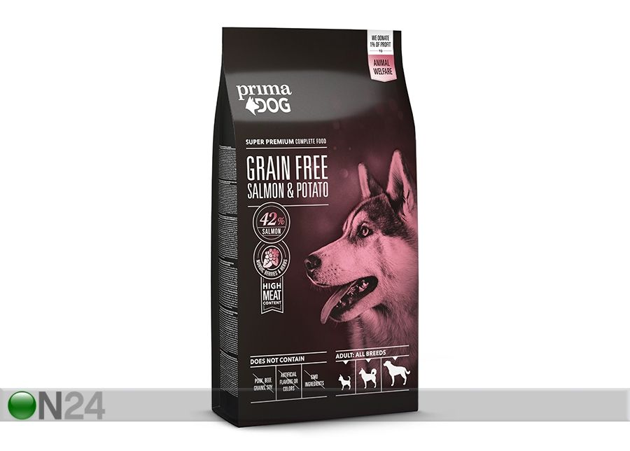 PrimaDog täistoit GrainFree täiskasvanud koertele lõhe-kartul 10 kg suurendatud