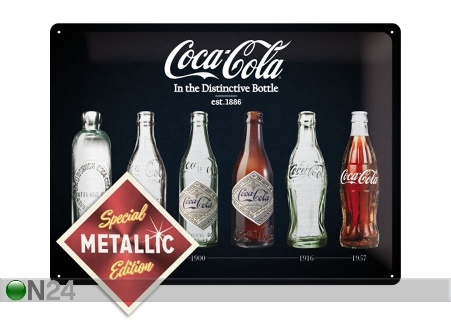 Retro metallposter Coca-Cola In the Distinctive Bottle Metallic 30x40 cm suurendatud