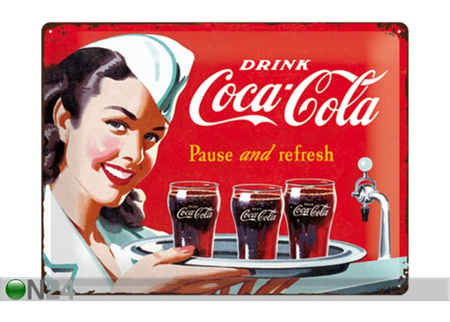 Retro metallposter Coca-Cola Pause and refresh 30x40 cm suurendatud