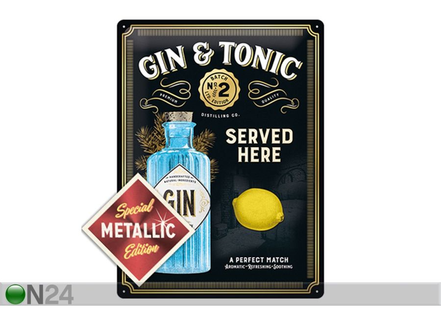 Retro metallposter Gin Tonic Served Here Metallic 30x40 cm suurendatud