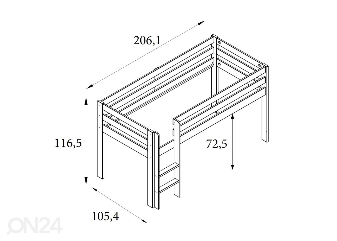 Robin poolkõrge voodi 90x200 cm laua, kummuti ja riiuliga suurendatud mõõdud