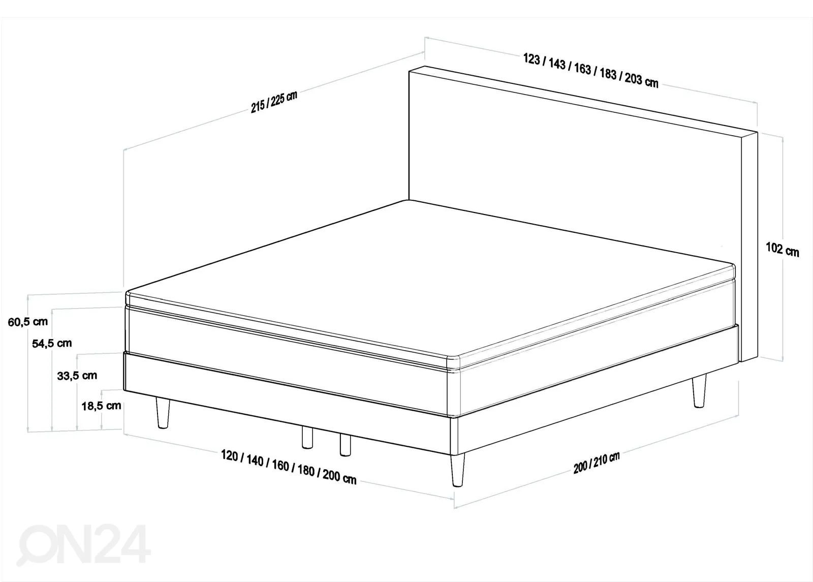 Kontinentaalvoodi Fellin 180x200 cm suurendatud mõõdud