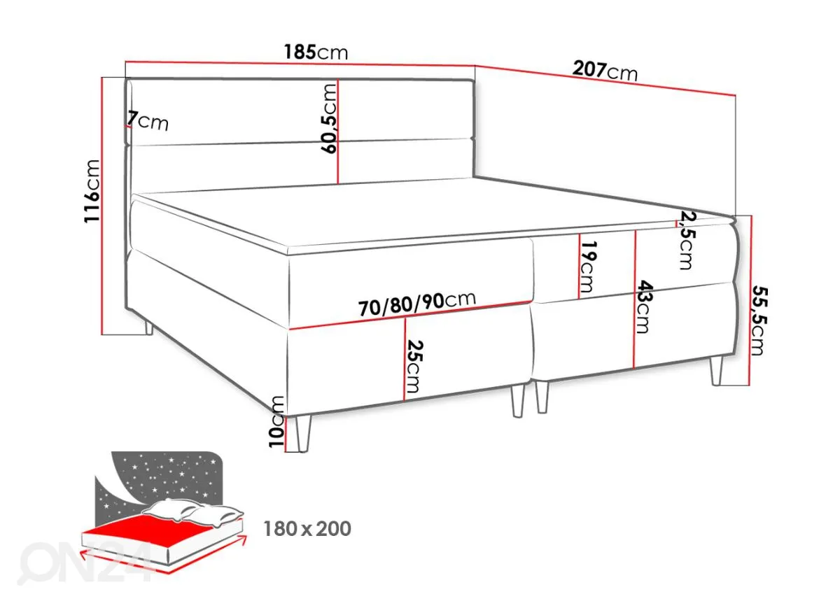 Kontinentaalvoodi pesukastiga 180x200 cm suurendatud mõõdud