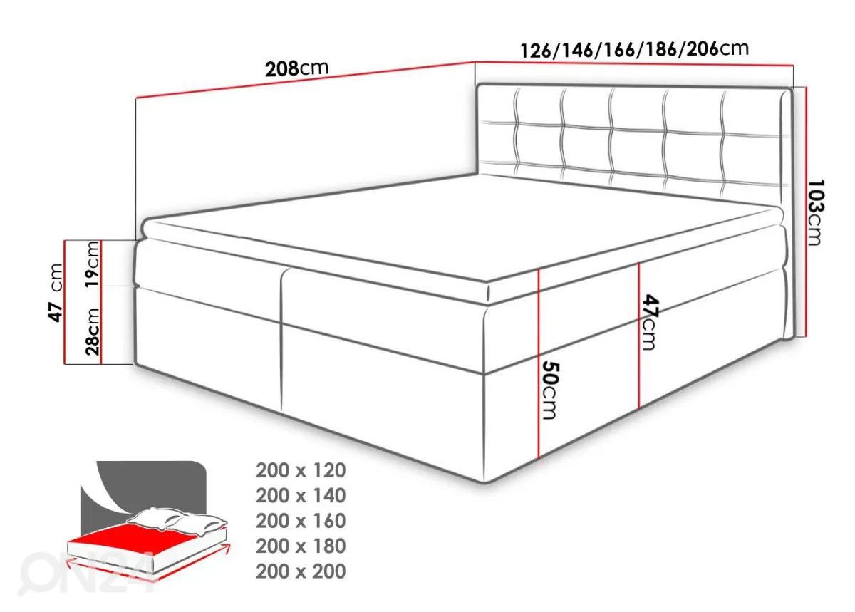 Kontinentaalvoodi tumehall kangas 180x200 cm suurendatud mõõdud