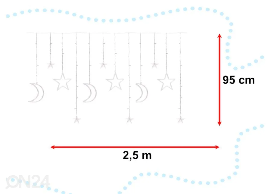 Valguskardin kuu ja tähed 2,5 m 138LED värviline suurendatud mõõdud